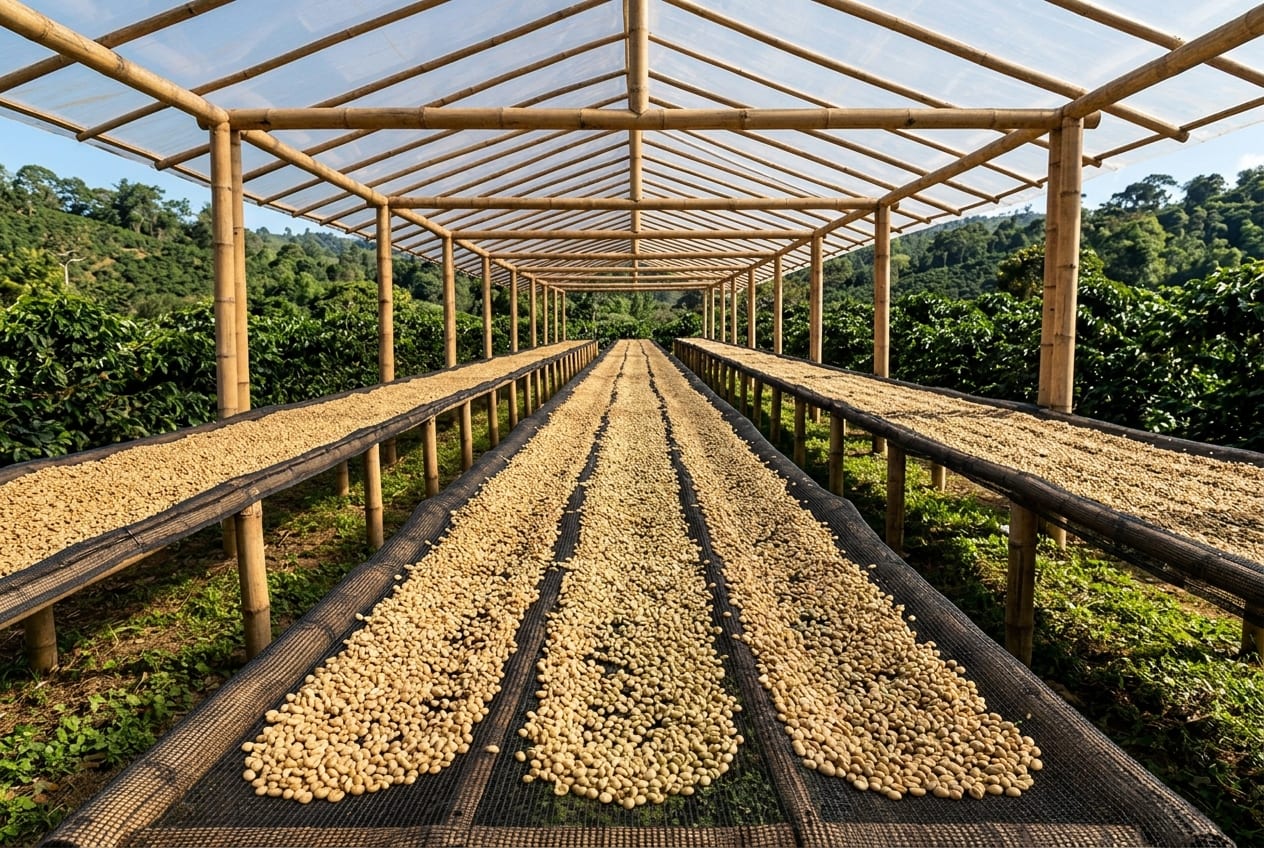 Rows of parchment raked out along raised mesh beds under clear roofing, coffee trees on both sides.