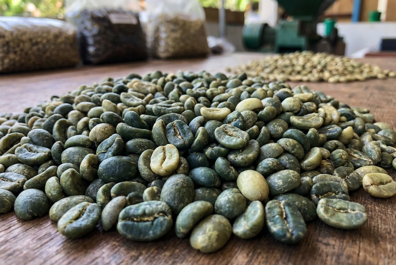 Green coffee beans spread across a pale surface, seen close.