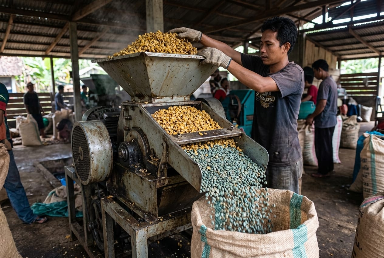 Yellow parchment tipped into a wet-huller, wet blue-green beans pouring from the chute into a jute sack.