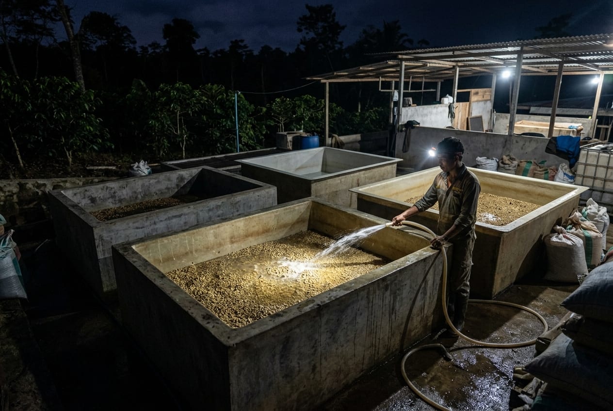 A worker wearing a head torch hosing water across parchment in concrete fermentation tanks after dark.